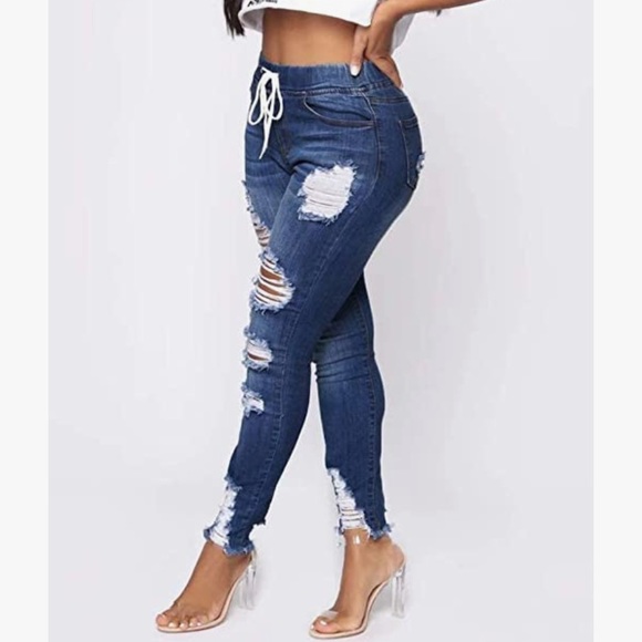 Atditama Mid Rise Waisted Distressed Ripped Skinny Slim Stretch Destroyed Jogger - Picture 2 of 4